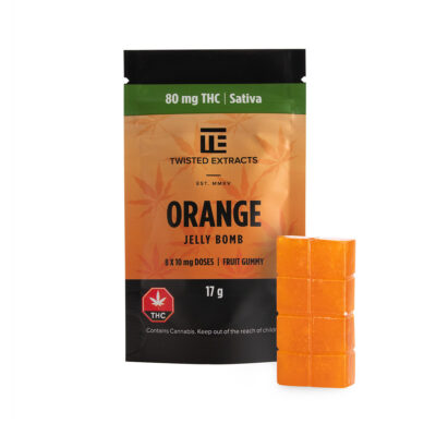 Twisted Extracts Orange Jelly Bomb sativa gummies 80mg THC package with orange gummy pieces