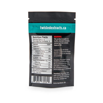 Back of Twisted Extracts Peach Jelly Bomb 80mg CBD package showing nutrition facts and ingredients