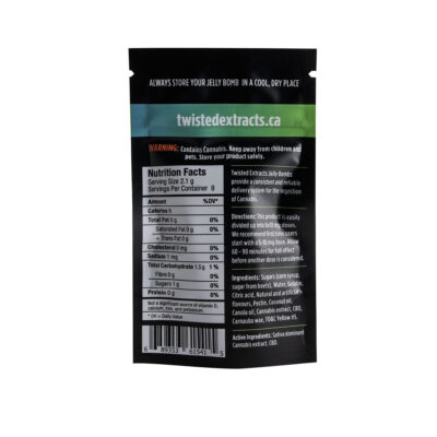 Back of Twisted Extracts Raspberry Jelly Bomb 40mg CBD and 40mg THC indica package showing nutrition facts and ingredients
