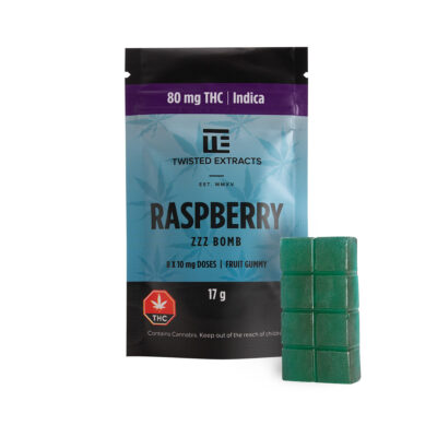 Twisted Extracts Raspberry Jelly Bomb indica gummies 80mg THC package with green gummy pieces