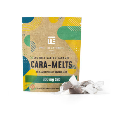 "Twisted Extracts Cara-Melts gourmet salted caramel edibles 300mg CBD package with individually wrapped caramels