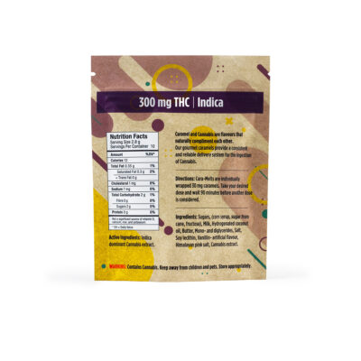 Back of Twisted Extracts Cara-Melts salted caramel edibles 300mg THC indica package showing nutrition facts, ingredients, and directions