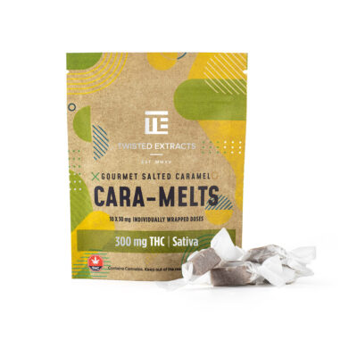 Twisted Extracts Cara-Melts gourmet salted caramel edibles 300mg sativa package with individually wrapped caramels
