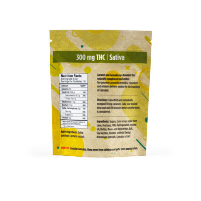 Back of Twisted Extracts Cara-Melts salted caramel edibles 300mg THC sativa package showing nutrition facts, ingredients, and directions