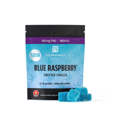 Twisted Extracts Blue Raspberry Sour Twisted Singles indica gummies 160mg THC package with sugar-coated fruit gummies