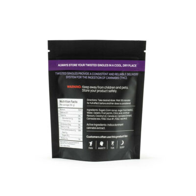 Back of Twisted Extracts Twisted Singles Sour Gummies Blue Raspberry 160mg indica package showing nutrition facts, ingredients, directions, and warning label