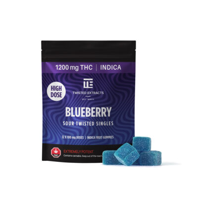 Twisted Extracts Blueberry Sour Twisted Singles indica gummies 1200mg THC package with sugar-coated fruit gummies