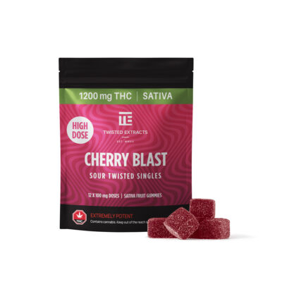 Twisted Extracts Cherry Blast Sour Twisted Singles sativa gummies 1200mg THC package with sugar-coated fruit gummies