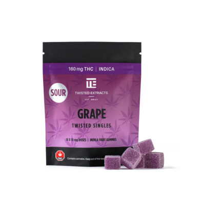 Twisted Extracts Grape Sour Twisted Singles indica gummies 160mg THC package with sugar-coated fruit gummies