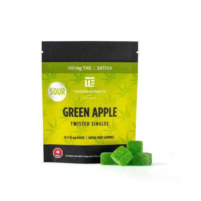 Twisted Extracts Green Apple Sour Twisted Singles sativa gummies 160mg THC package with sugar-coated fruit gummies