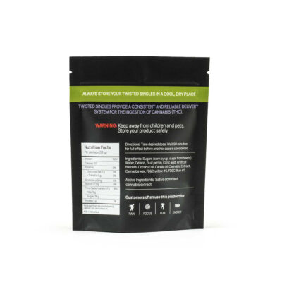 Back of Twisted Extracts Twisted Singles Sour Gummies Green Apple 160mg sativa package showing nutrition facts, ingredients, directions, and warning label