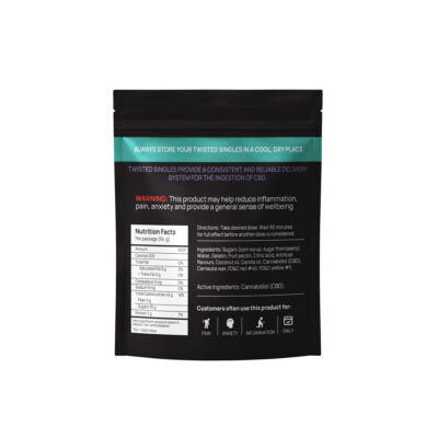 Back of Twisted Extracts Twisted Singles Sour Gummies Lemon 160mg CBD package showing nutrition facts, ingredients, directions, and warning label