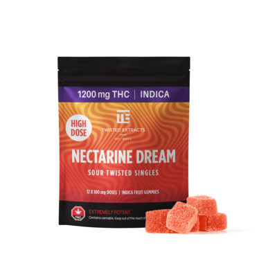 Twisted Extracts Nectarine Dream Sour Twisted Singles indica gummies 1200mg THC package with sugar-coated fruit gummies