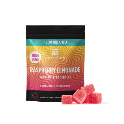 Twisted Extracts Raspberry Lemonade Sour Twisted Singles CBD gummies 1200mg CBD package with sugar-coated fruit gummies