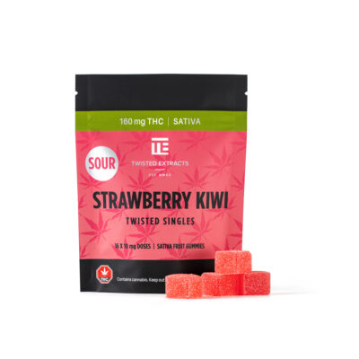 Twisted Extracts Strawberry Kiwi Sour Twisted Singles sativa gummies 160mg THC package with sugar-coated fruit gummies