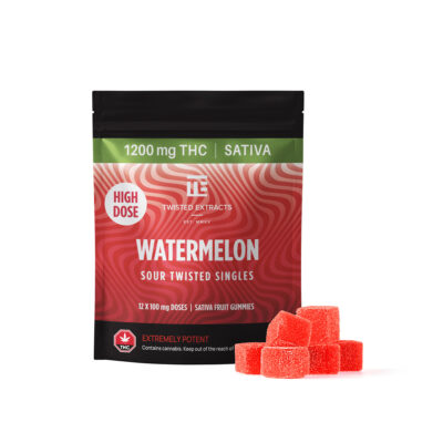 Twisted Extracts Watermelon Sour Twisted Singles sativa gummies 1200mg THC package with sugar-coated fruit gummies