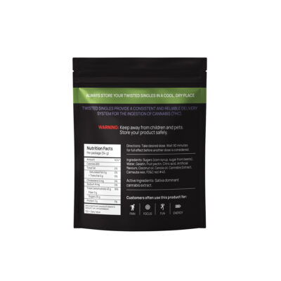 Back of Twisted Extracts Twisted Singles Sour Gummies Watermelon 1200mg sativa package showing nutrition facts, ingredients, directions, and warning label