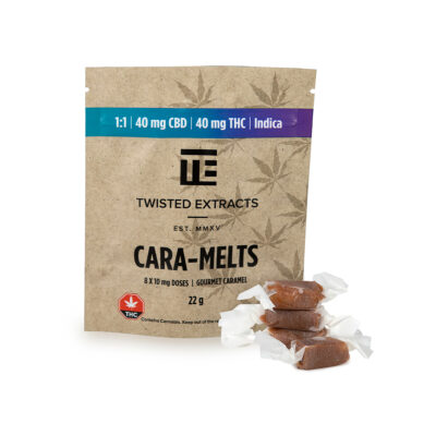 Twisted Extracts Cara-Melts gourmet caramel edibles 40mg THC indica and 40mg CBD package with individually wrapped caramels