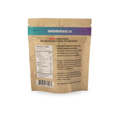Back of Twisted Extracts Cara-Melts caramel edibles 40mg THC indica 40mg CBD package showing nutrition facts, ingredients, and directions