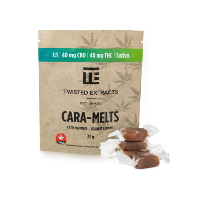 Twisted Extracts Cara-Melts gourmet caramel edibles 40mg THC sativa and 40mg CBD package with individually wrapped caramels