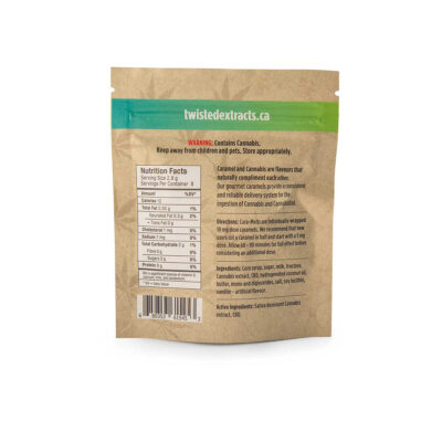 Back of Twisted Extracts Cara-Melts caramel edibles 40mg THC sativa 40mg CBD package showing nutrition facts, ingredients, and directions