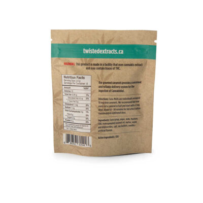 Back of Twisted Extracts Cara-Melts caramel edibles 80mg CBD package showing nutrition facts, ingredients, and directions