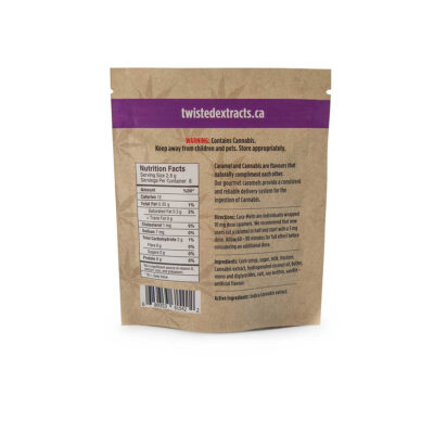 Back of Twisted Extracts Cara-Melts caramel edibles 80mg THC indica package showing nutrition facts, ingredients, and directions