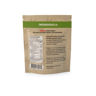 Back of Twisted Extracts Cara-Melts caramel edibles 80mg THC sativa package showing nutrition facts, ingredients, and directions