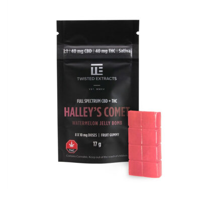 Twisted Extracts Halley’s Comet Watermelon Jelly Bomb full spectrum CBD + THC sativa gummies 1:1 ratio package with gummy piece