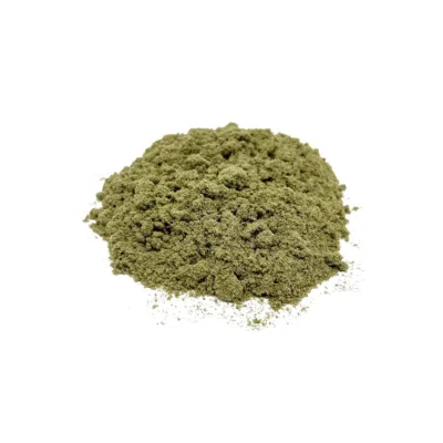 Pile of finely ground wedding cake kief powder isolated on white background